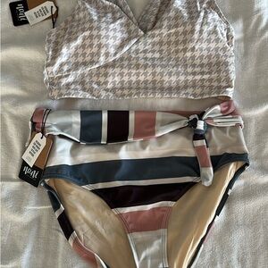 Houndstooth and Striped Bikini Set - Cream, Pink, Black